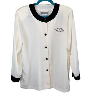 Vintage Peter Popovitch Cream & Black Button Front Blouse Medium Y2K Minimalist